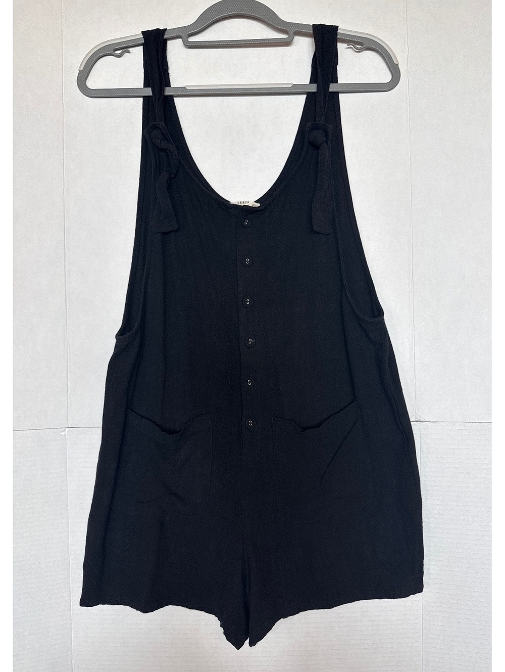Black Button-Front Sleeveless Romper with Tie Straps